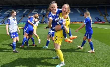 The goalkeeper Janina Leitzig, here giving a celebratory lift to Hannah Cain, has been an astute Leicester signing.