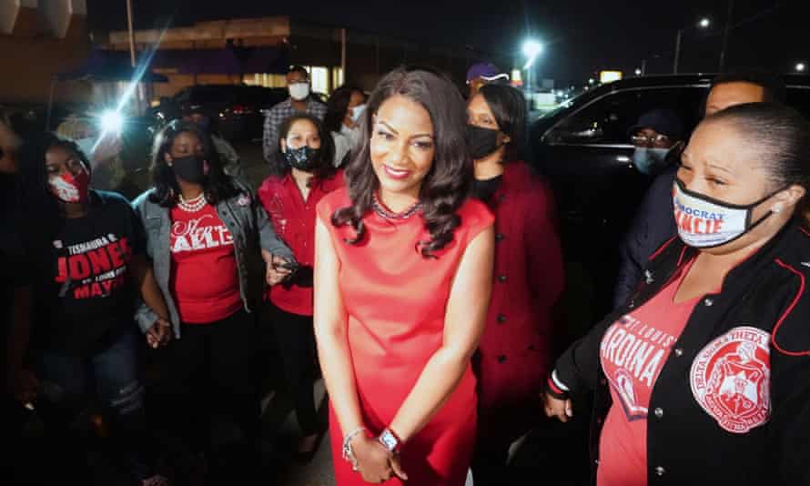 Tishaura Jones is serenaded by sorority sisters at a watch party after being elected St Louis mayor.