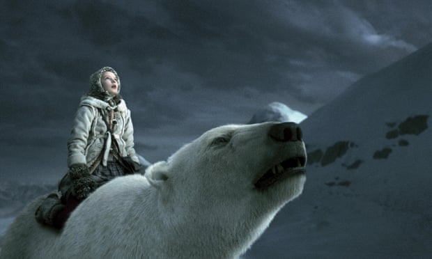 Dakota Blue Richards atop a polar bear in a still from the film His Dark Materials: The Golden Compass.