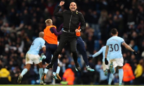Pep Guardiola, here celebrating Manchester City’s late win over Southampton in November, seems likely to spend a minimum of five years at the club.