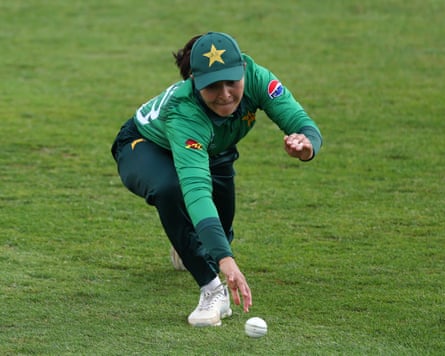 Pakistan cricketer Saira Jabeen slides to save a boundary during her team’s Women’s T20 World Cup warm-up game against Scotland in Derby.