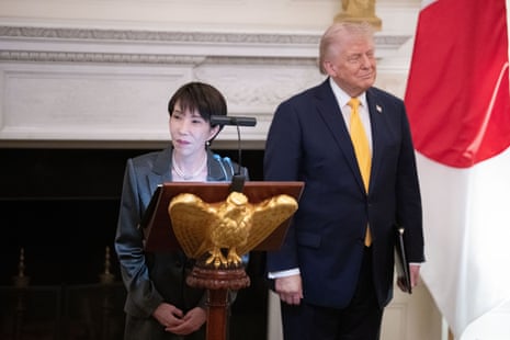 United States president Donald J Trump stands with Japan’s prime minster Sanae Takaichi as she makes remarks during a bilateral state dinner in the State Dining Room of the White House in Washington, DC on Thursday.