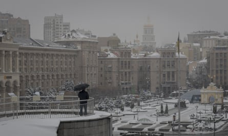 Snow covers Independence Square in Kyiv, Ukraine, on Monday.
