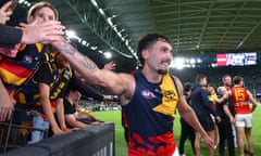 AFL Rd 5 - Carlton v Adelaide<br>MELBOURNE, AUSTRALIA - APRIL 13: Izak Rankine of the Crows high fives fans after winning the round five AFL match between Carlton Blues and Adelaide Crows at Marvel Stadium, on April 13, 2024, in Melbourne, Australia. (Photo by Quinn Rooney/Getty Images)