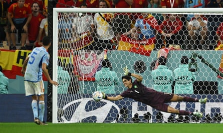 Bono saves Sergio Busquets in the penalty shootout against Spain.  They have only been beaten once in the entire tournament, including on penalties.