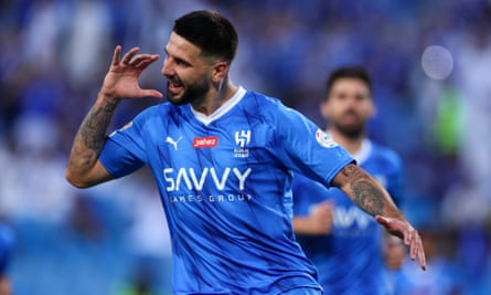 Aleksandar Mitrovic celebrates after scoring during the Saudi Pro League match between Al-Hilal and Al-Hazm at Prince Faisal Bin Fahd on 11 May 2024