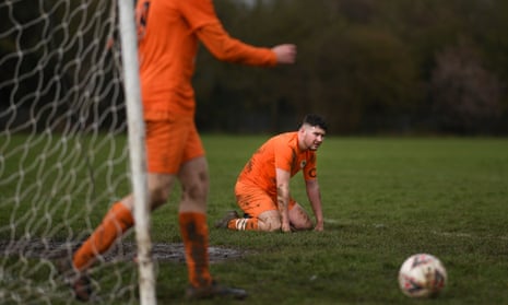 Sunday league football between Syston Brookside and Shepshed Oaks in Leicester in March.