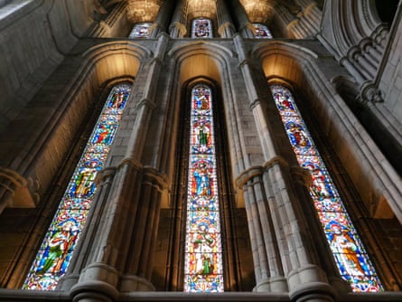 Stained glass in Hexham Abbey, UK.