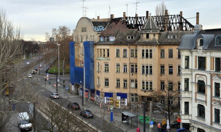 The Leipzig apartment building after a fire on New Year’s Eve 2011 when it was scheduled for demolition.