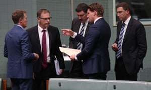 Andrew Hastie, Anthony Byrne, Mike Kelly and Julian Leeser talk to Christian Porter during voting procedures.