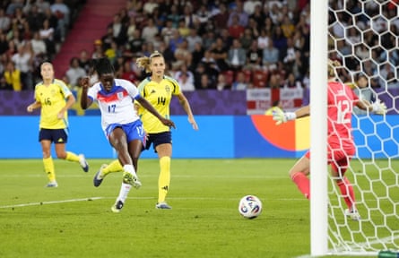 Michelle Agyemang scores England’s second goal against Sweden in the Euro 2025 quarter-final.