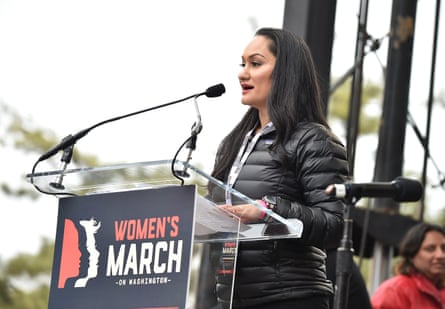 Carmen Perez, one of four co-founders of the Women’s March, speaks onstage during the Washington protest.