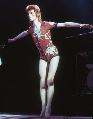 David Bowie performing as Ziggy Stardust at the Hammersmith Odeon, London, 1973, in a “woodland creatures” costume designed by Kansai Yamamoto.