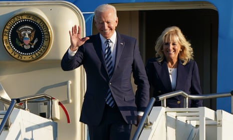 US president Joe Biden and First Lady Jill Biden arrive on Air Force One at RAF Mildenhall in Suffolk.