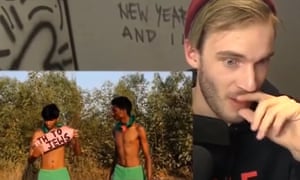 YouTube vlogger PewDiePie, and still from video in which men hold sign ssaying “DEATH TO ALL JEWS”