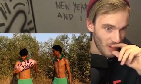 YouTube vlogger PewDiePie, and still from video in which men hold sign ssaying “DEATH TO ALL JEWS”