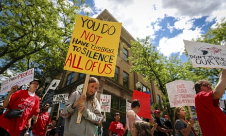 Demonstrators protest against the Keystone XL pipeline in Rapid City, South Dakota, on 12 June 2019.