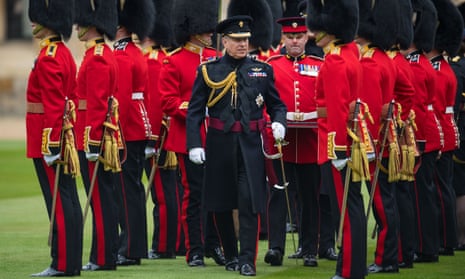 Prince Andrew making an inspection during a parade by the Grenadier Guards at Windsor Castle in March 2019.