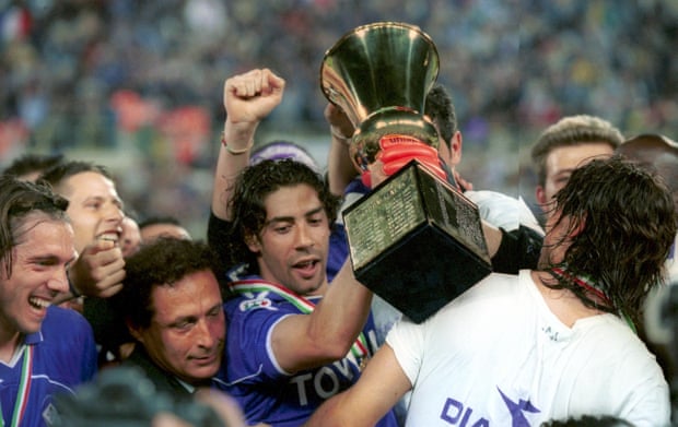 Rui Costa celebrates at the Stadio Artemio Franchi after Fiorentina’s victory over Parma in the final.