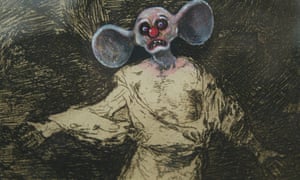 A cartoon face drawn by Jake and Dinos Chapman entitled Insult to Injury, which is drawn over etchings by Francisco de Goya.