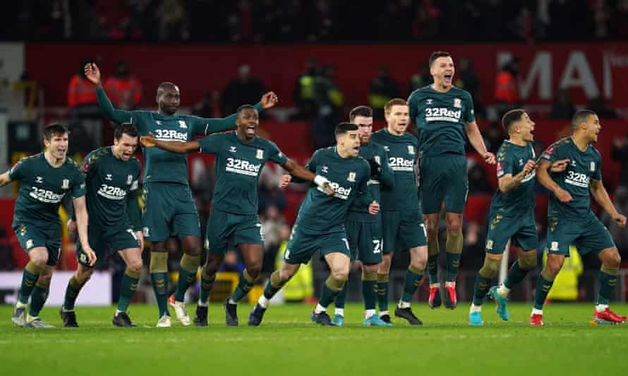 Middlesbrough players celebrate winning the penalty shoot-out.