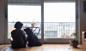 Sad woman sitting and looking out the window with her dog
