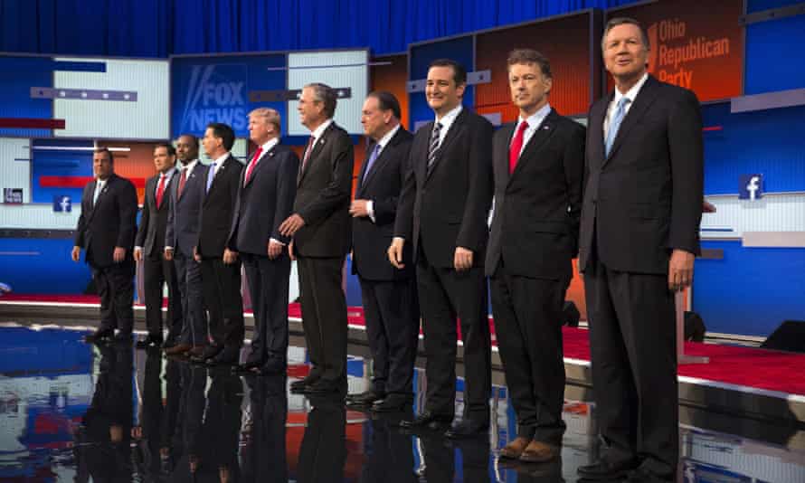 Republican presidential candidates, from left: Chris Christie, Marco Rubio, Ben Carson, Scott Walker, Donald Trump, Jeb Bush, Mike Huckabee, Ted Cruz, Rand Paul, and John Kasich.