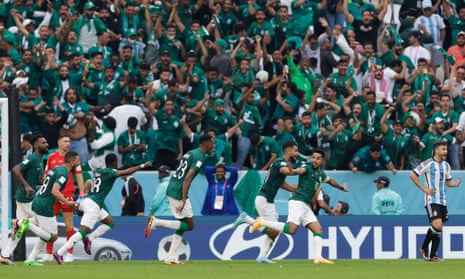 Saudi Arabia's Salem al-Dawsari celebrates after scoring their second goal against Argentina.