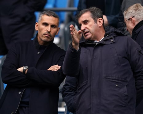 Manchester City's chair, Khaldoon al-Mubarak, and the club's chief executive, Ferran Soriano, watch a match together from the directors' box.