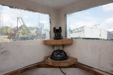 A view from inside the cockpit of the seized ‘narco-submarine’ in Belém showing the compass and the small windows used for navigation just above the waterline.