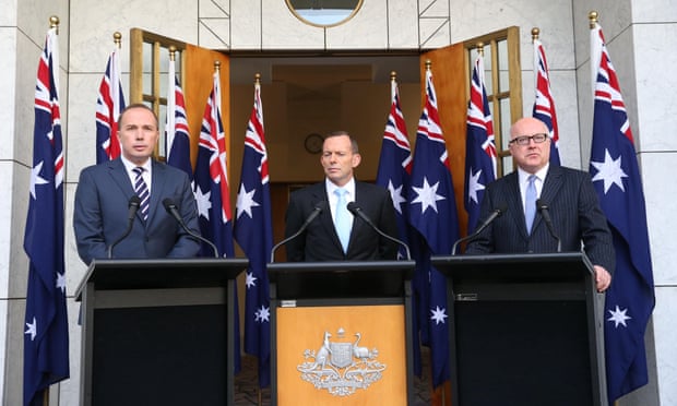 Prime Minister Tony Abbott, Immigration minister Peter Dutton and attorney-general George Brandis at a press conference in parliament house, Canberra this afternoon, Tuesday 23rd June 2015. Photograph by Mike Bowers for Guardian Australia #politicslive