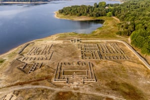 Galicia, Spain. A view of the Roman camp Aquis Querquennis, located on the banks of the Limia River. The camp is usually under water but can now be seen because of the low water levels