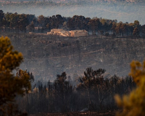 A property surrounded by burned vegetation in the municipality of Teresa de Cofrentes, in the province of Valencia, Spain.