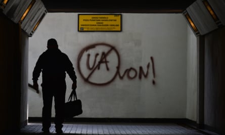 Anti-Ukrainian graffiti inside an underground passageway in Krakow.