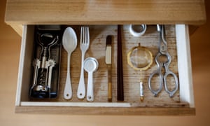 Utensils lie in a kitchen drawer in the home of minimalist Saeko Kushibiki in Fujisawa, south of Tokyo.