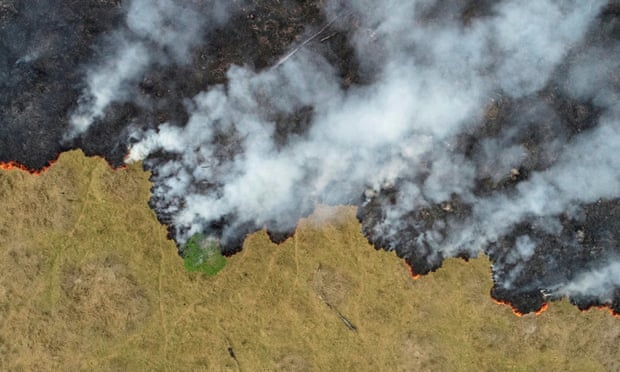 Billows of smoke rise over a deforested plot of the Amazon jungle in Rondonia State, Brazil, August 24, 2019.