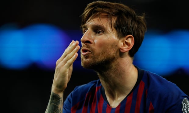 Lionel Messi blows a kiss to the travelling Barcelona fans at Wembley after scoring their fourth and final goal. 