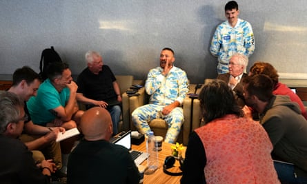 Oleksandr Usyk (centre) during a media day in Riyadh.