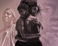 A composite image showing two people embracing in the foreground with two other people in the background