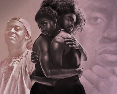 A composite image showing two people embracing in the foreground with two other people in the background