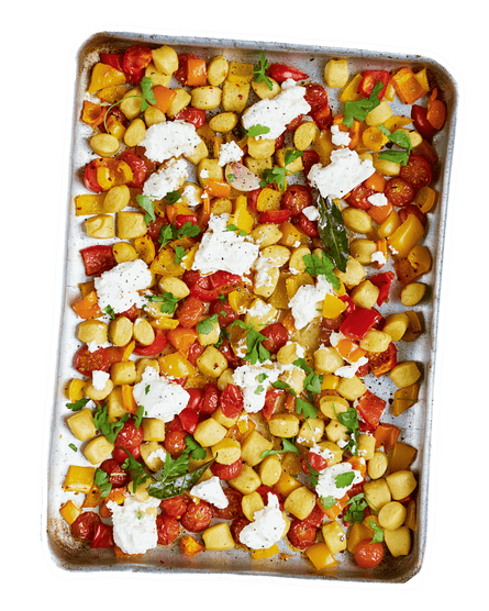 A roasting tin full of vegetables