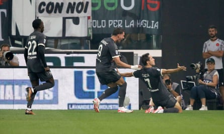 Federico Chiesa (right) celebrates with teammates after scoring the opening goal for Juventus at Udinese.
