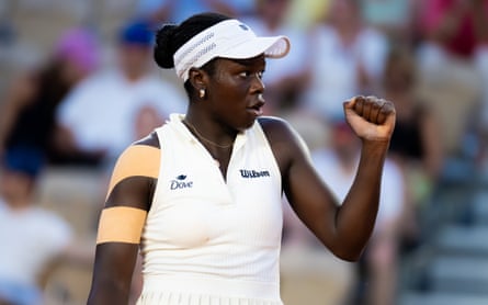 Victoria Mboko clenches a fist during her match against Madison Keys in the third round of the French Open
