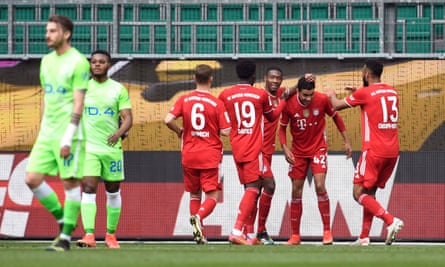 Jamal Musiala celebrates his second, and Bayern’s third at the Volkswagen Arena.