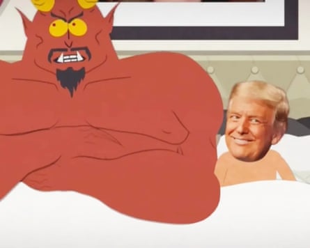 Donald Trump in bed with a cartoon Satan, in the latest South Park episode.