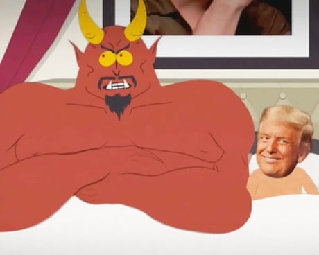 Cartoon depiction of Donald Trump in bed with Satan, who is folding his arms crossly