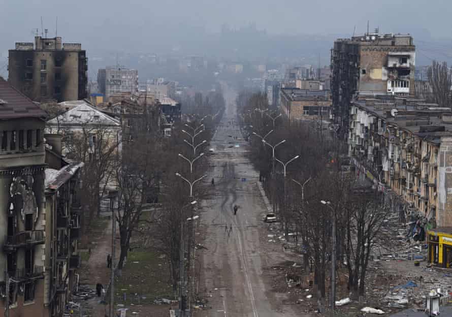 Buildings damaged in the course of Ukraine-Russia conflict in the southern port city of Mariupol, Ukraine, 3 April.