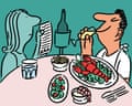 Illustration showing a man and a woman at a restaurant table. He is eating lobster and drinking champagne while she looks disconsolately at the bill