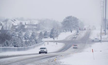 Major highway in the Midwest during a heavy snowstorm