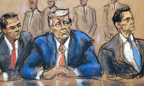 Trump sits between his attorneys Todd Blanche and John Lauro in this courtroom sketch from 4 August, when Trump was in Washington DC for his arraignment on federal charges related to trying to overturn the 2020 election.